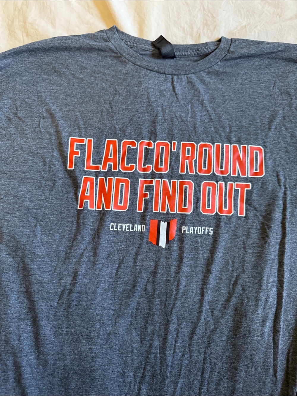 Flacco 'Round And Find Out Cleveland Playoffs T-Shirt - Charcoal/Orange